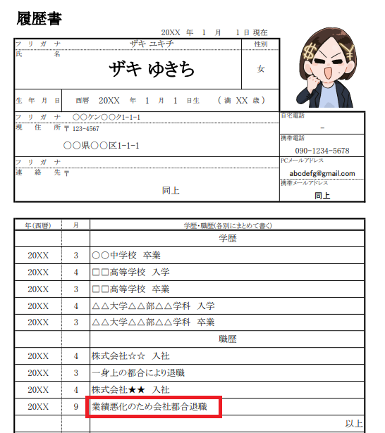 試用期間で解雇になった私の履歴書の実物