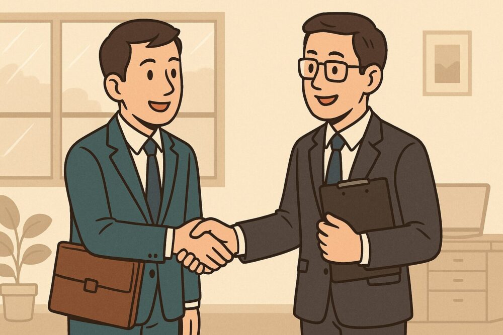 男性二人が交渉成立しているところ