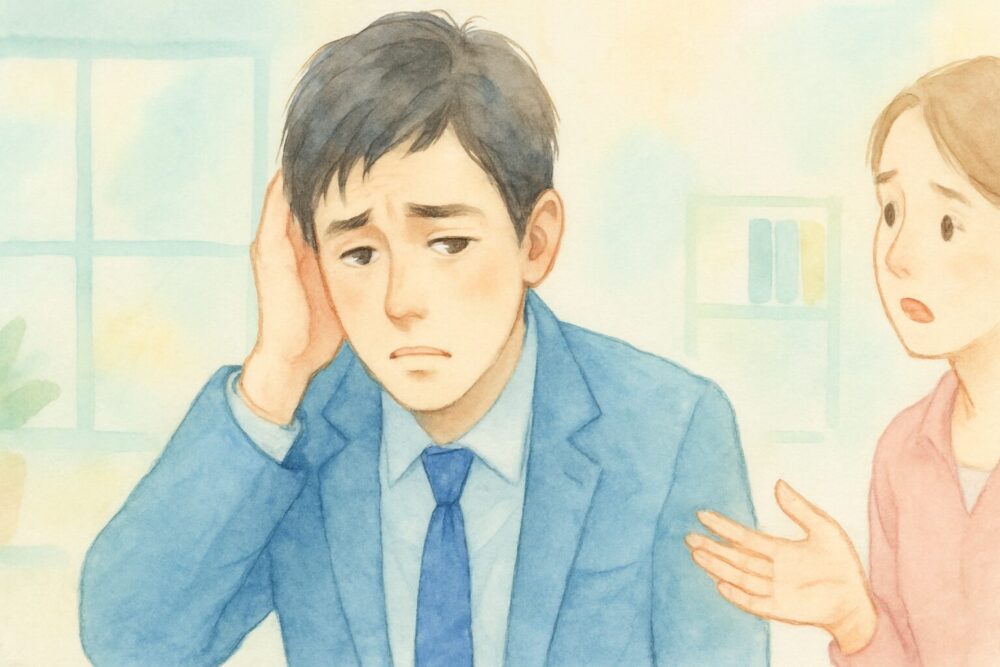 話がかみ合わず困っているスーツ姿の男性