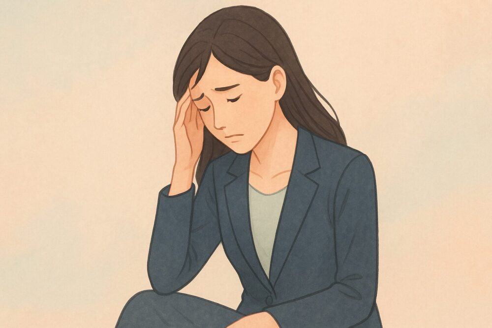 悩むスーツの女性