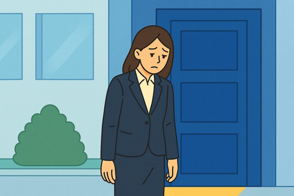会社前にいる悲しそうな女性のイメージ図
