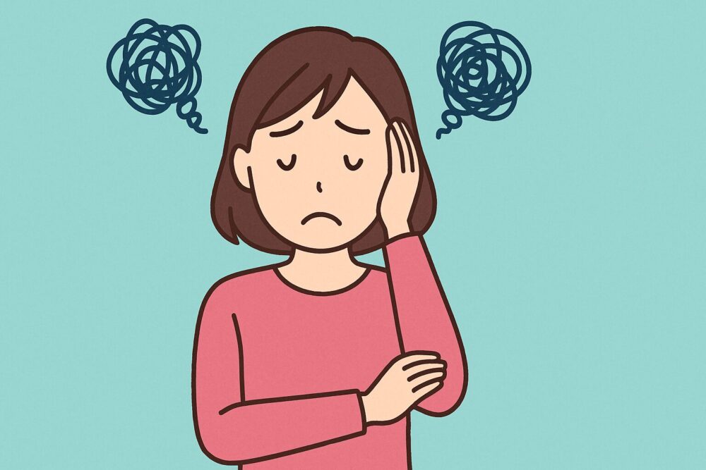 不安そうに悩んで困っている女性のイラスト