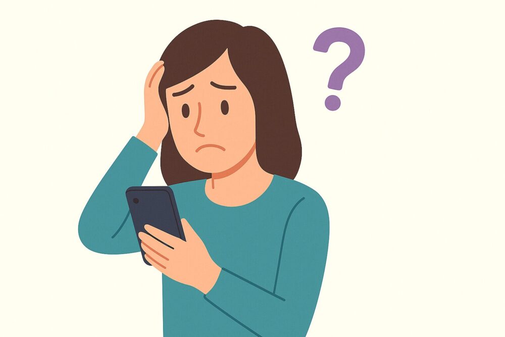 スマートフォンを見ながら困惑する女性