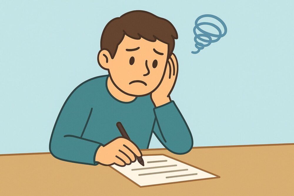 書類を前にして悩んでいる男性のイラスト