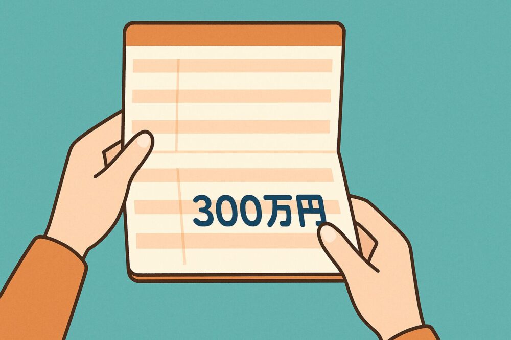 通帳を開き「300万円」の残高を確認する手のイラスト